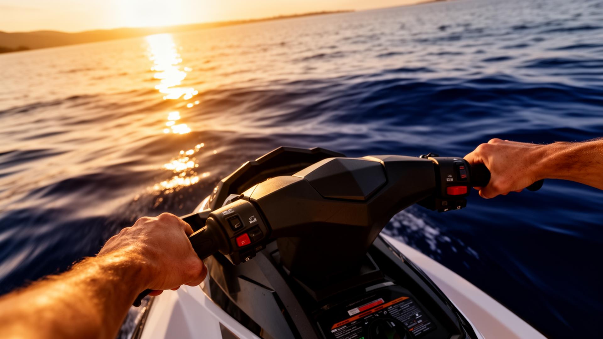 Mãos no guidão de um jet ski em ação